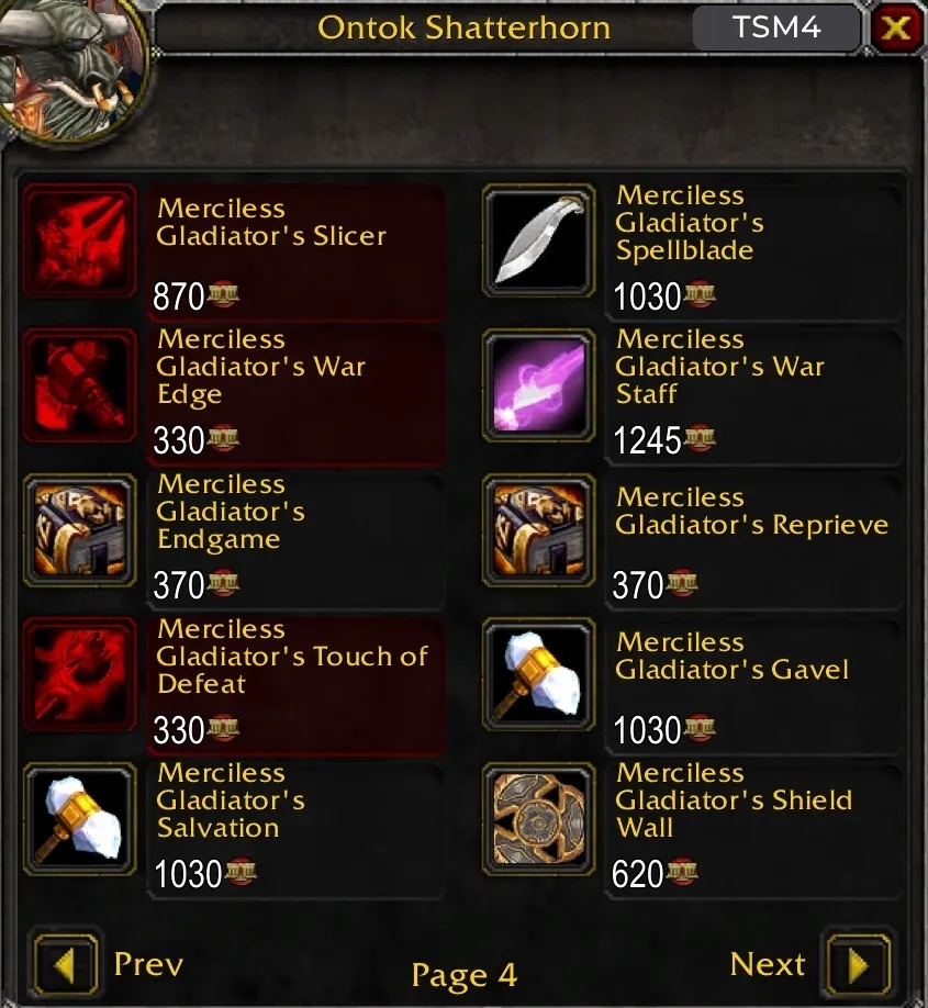 Le vendeur d’arène de la Season 2 avec les armes Merciless Gladiator et leur prix en Arena Points