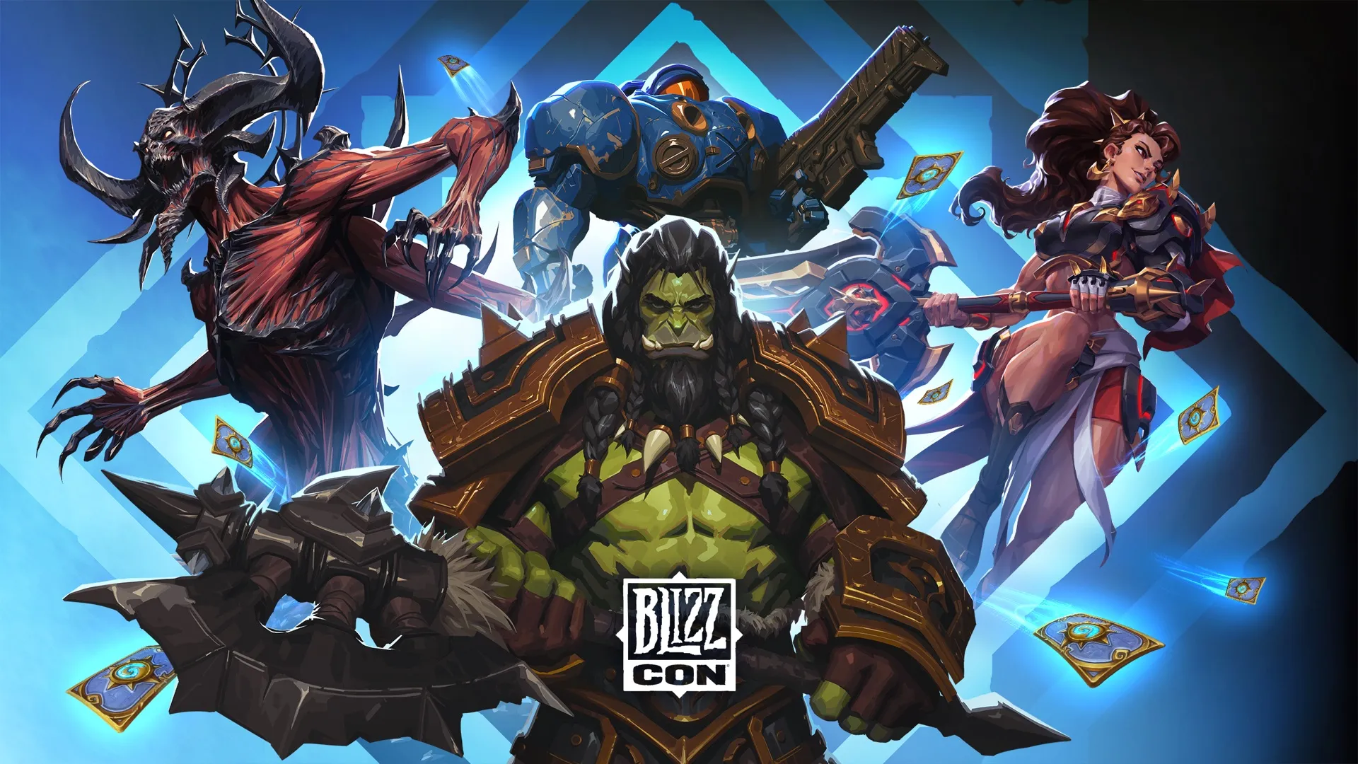 Key art della BlizzCon 2026 con eroi di World of Warcraft, Diablo, StarCraft, Overwatch e Hearthstone intorno al logo della BlizzCon