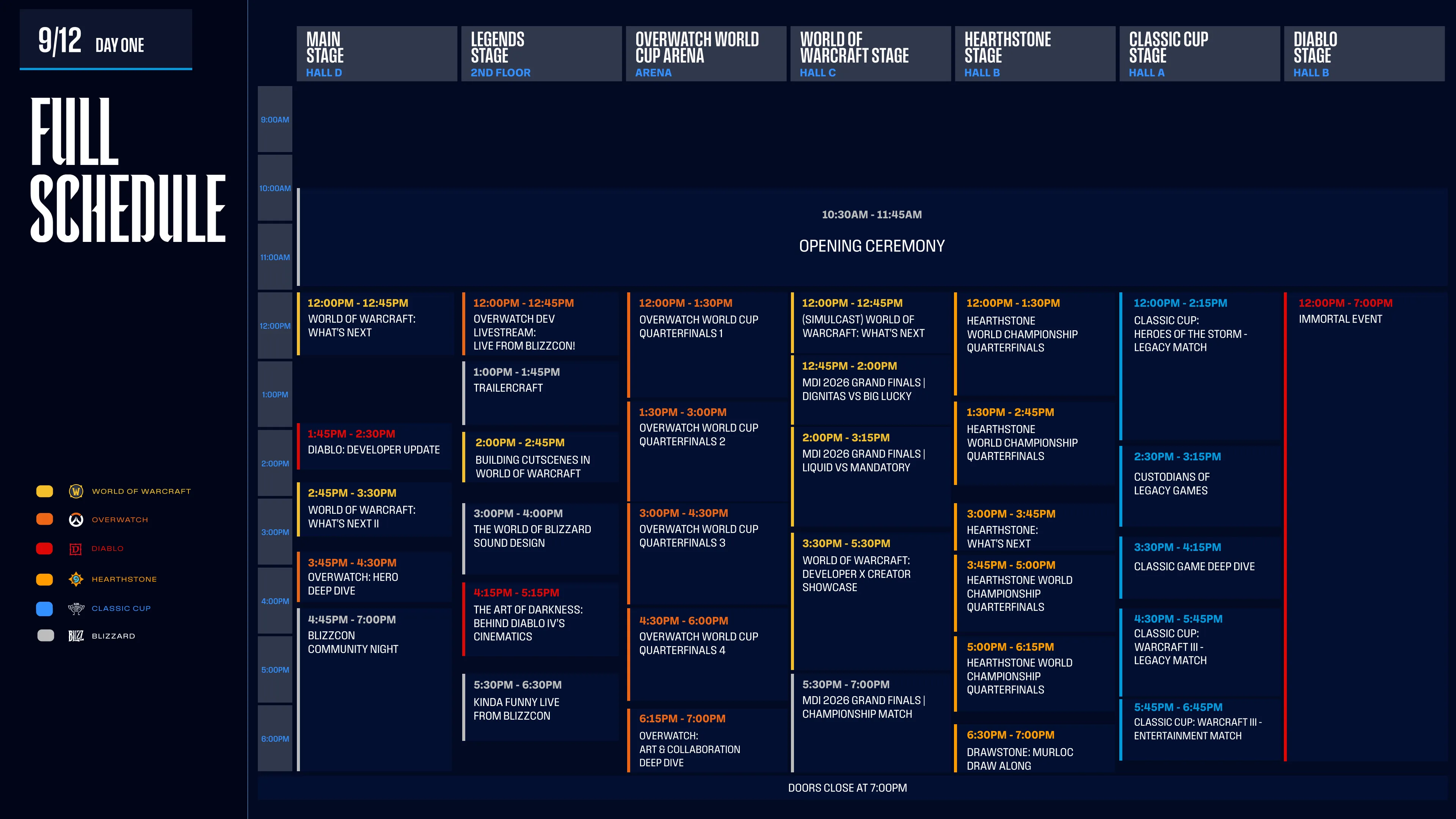Il programma completo del primo giorno della BlizzCon 2026, con i titoli e gli orari di inizio dei panel