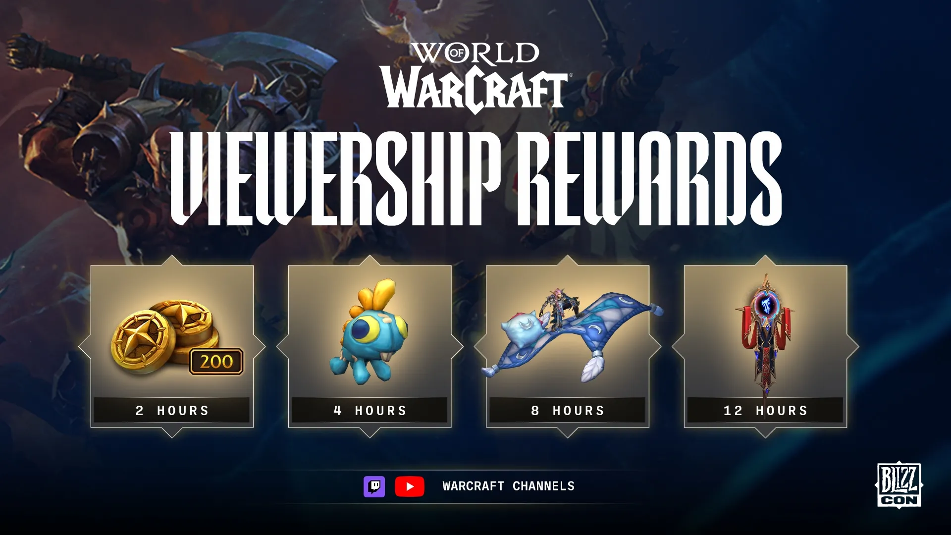 Le ricompense di World of Warcraft per la visione della BlizzCon 2026, in quattro livelli a 2, 4, 8 e 12 ore