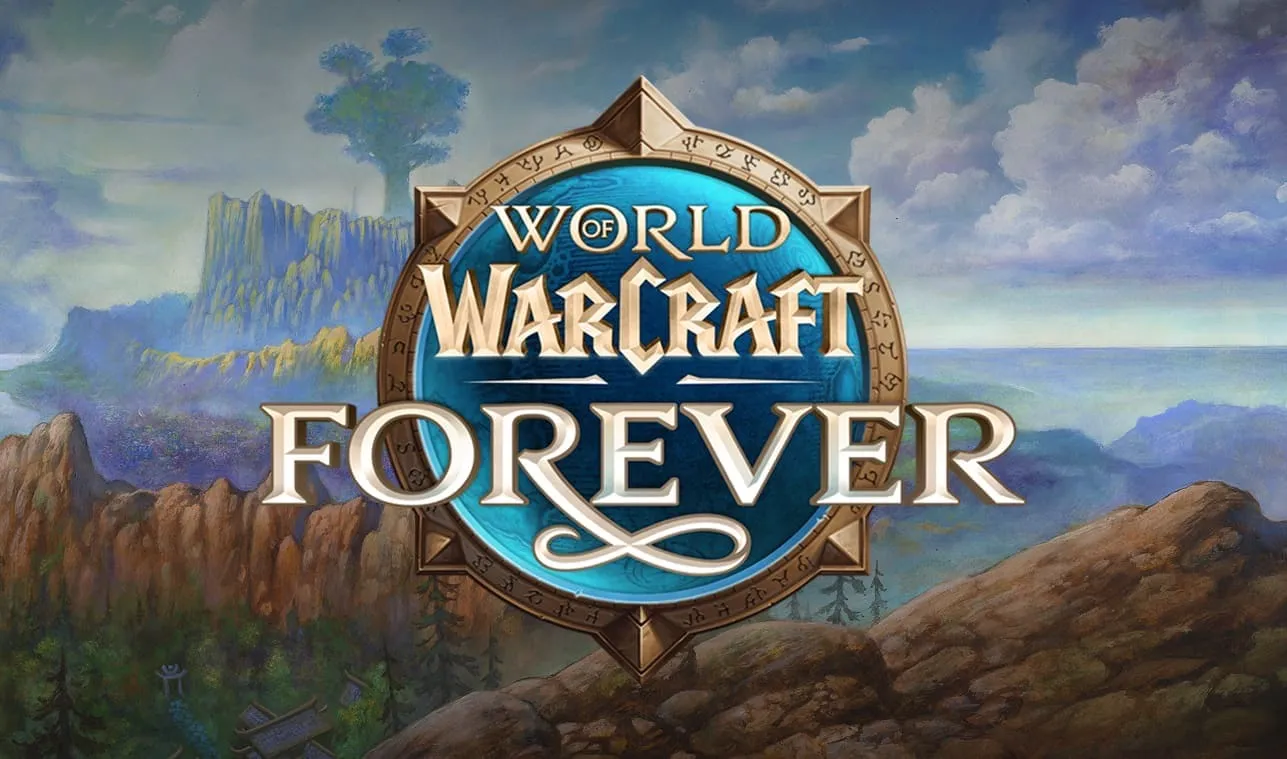 The World of Warcraft: Forever logo over painted landscape art of Azeroth