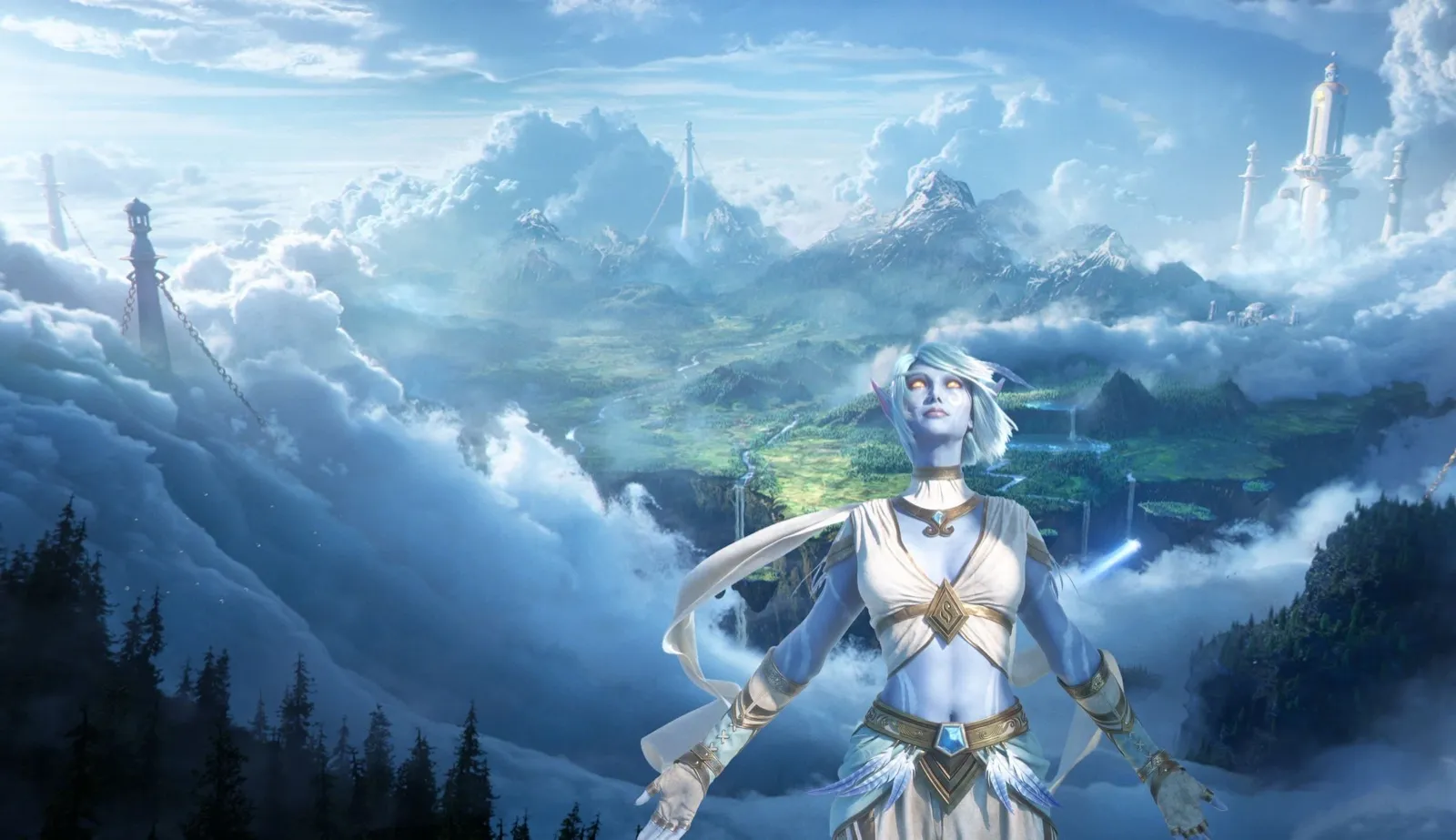 A Skyborne elf with blue skin and glowing eyes above the clouds of Zephras Isle