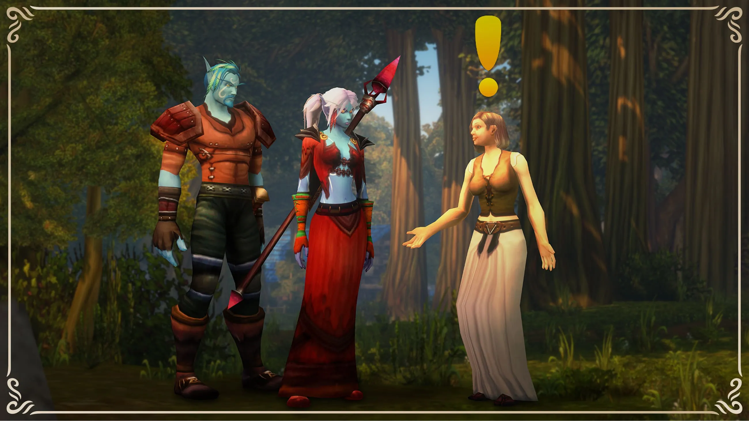 Deux personnages Skyborne en discussion avec un donneur de quête dans une forêt de World of Warcraft: Forever