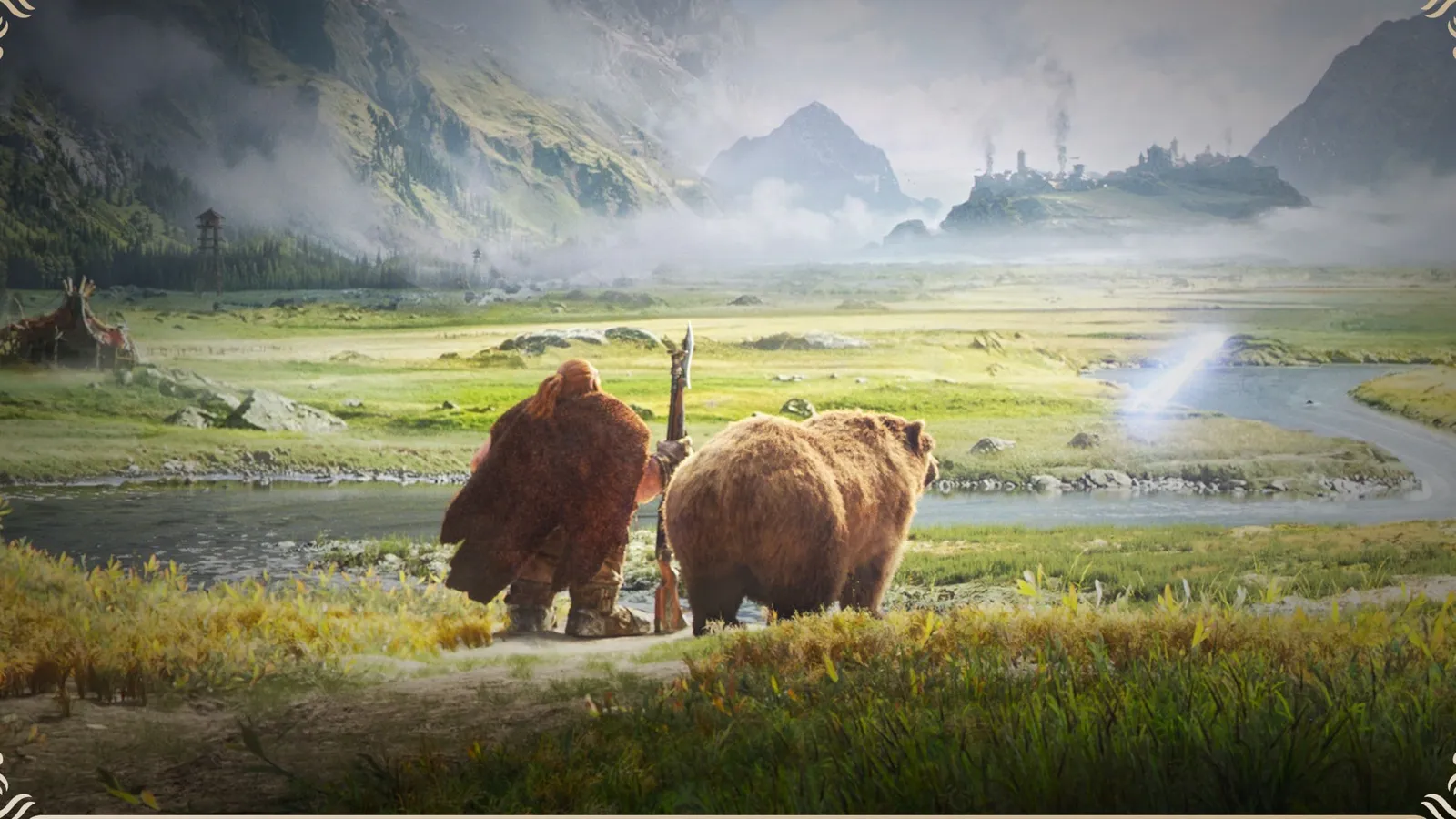 Un hunter con mantello di pelliccia accanto a un orso sopra una valle verde, dal filmato ufficiale di World of Warcraft: Forever