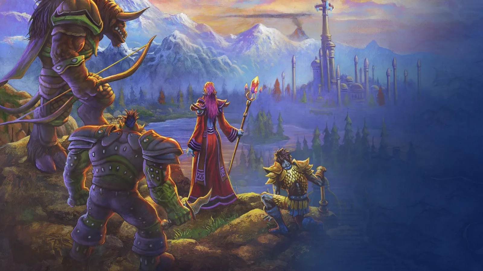Key art ufficiale di World of Warcraft: Forever con un Tauren, un Orc, una Blood Elf e un Human sopra una valle