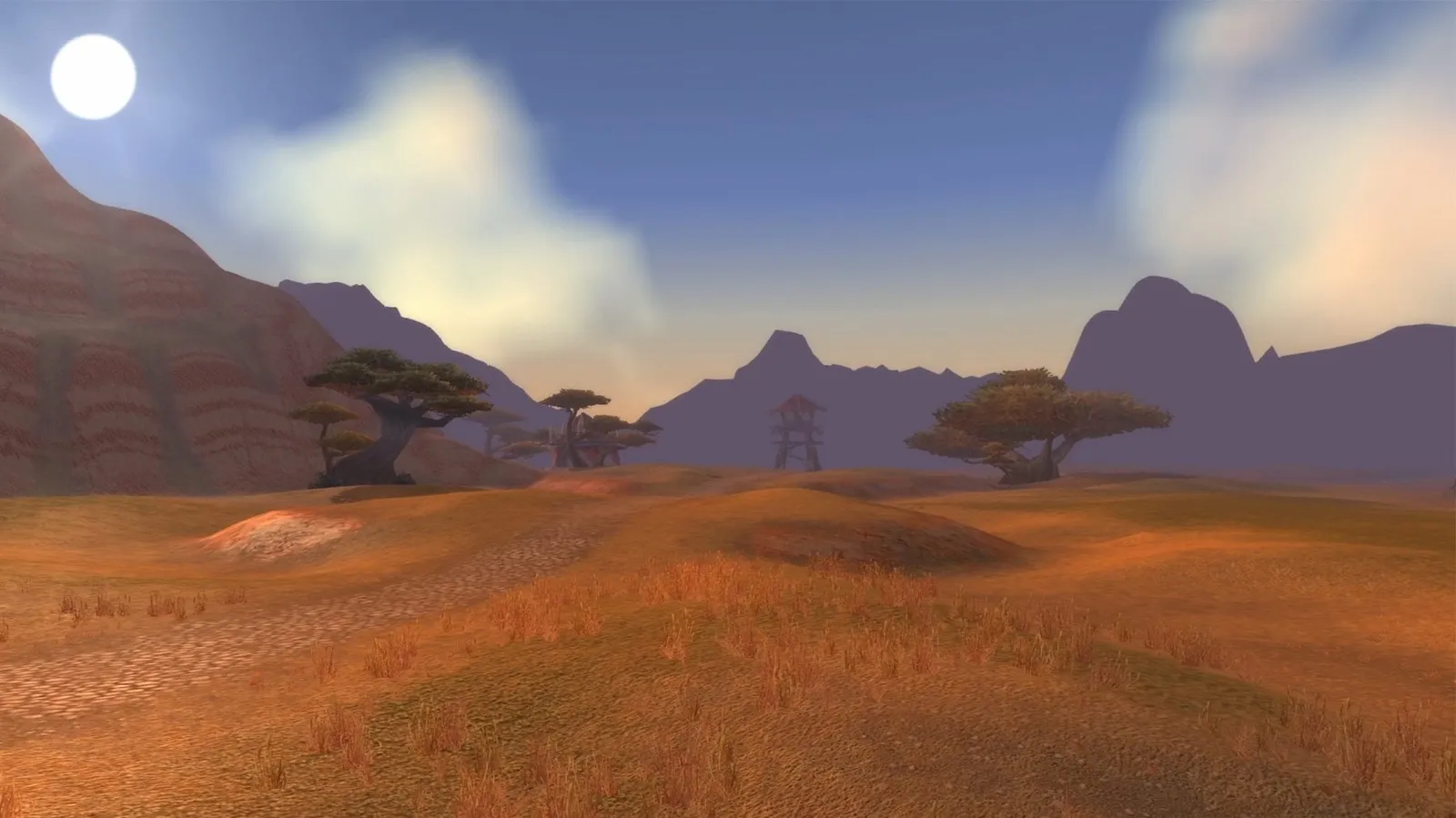 The Barrens en plein jour avec des acacias et une tour de guet, capture officielle de World of Warcraft: Forever