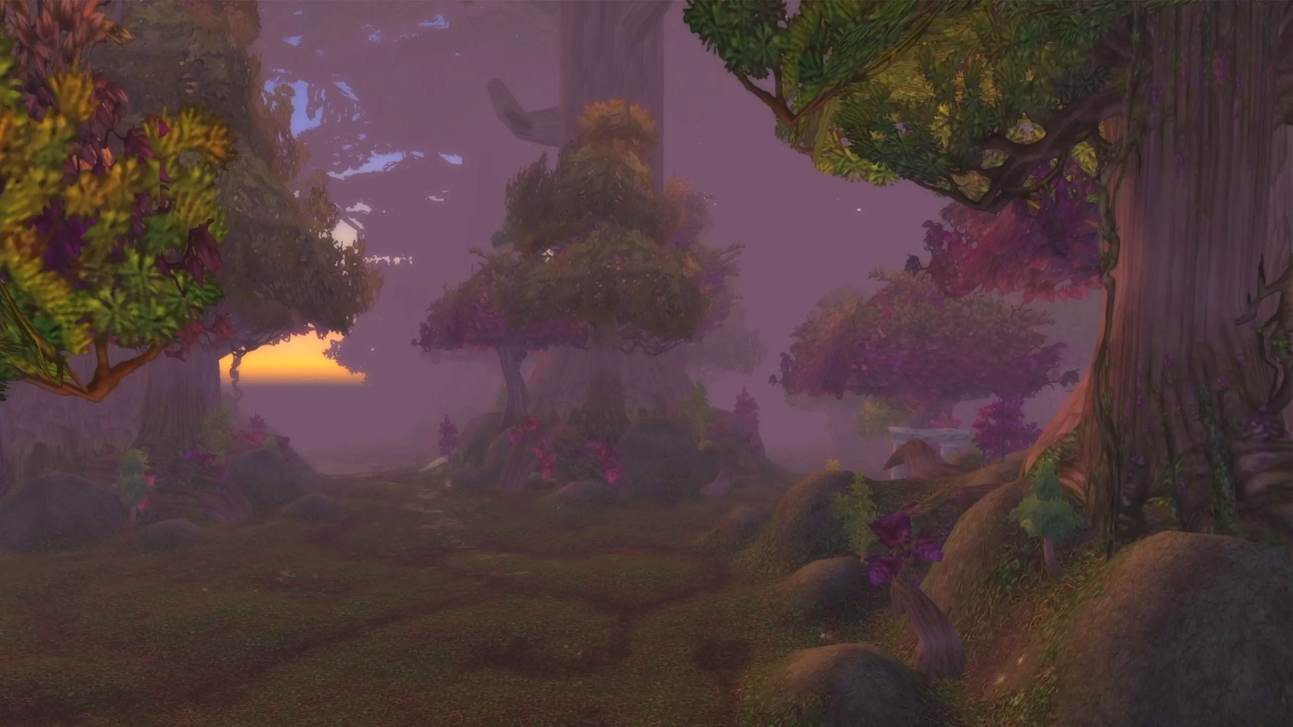 Ashenvale at dusk, with purple mist between the great trees, an official screenshot of World of Warcraft: Forever