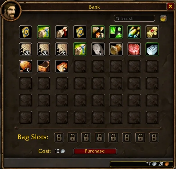 The bank window in the beta, six rows of eight slots with eight locked bag slots underneath