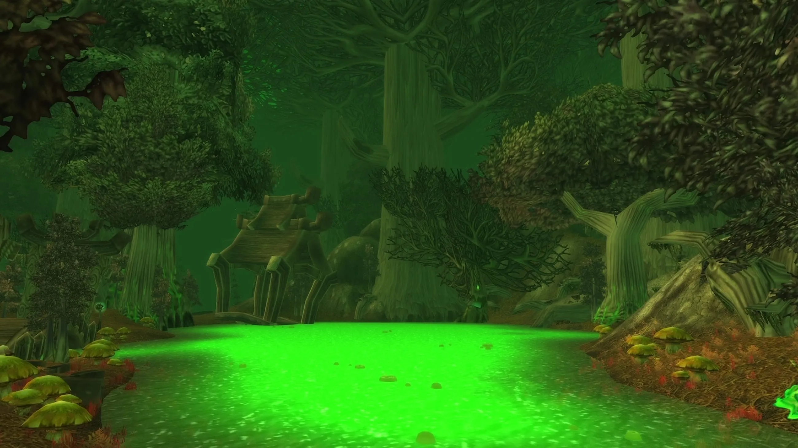 A pool of tainted green water between the dark trees of Felwood, an official screenshot of World of Warcraft: Forever