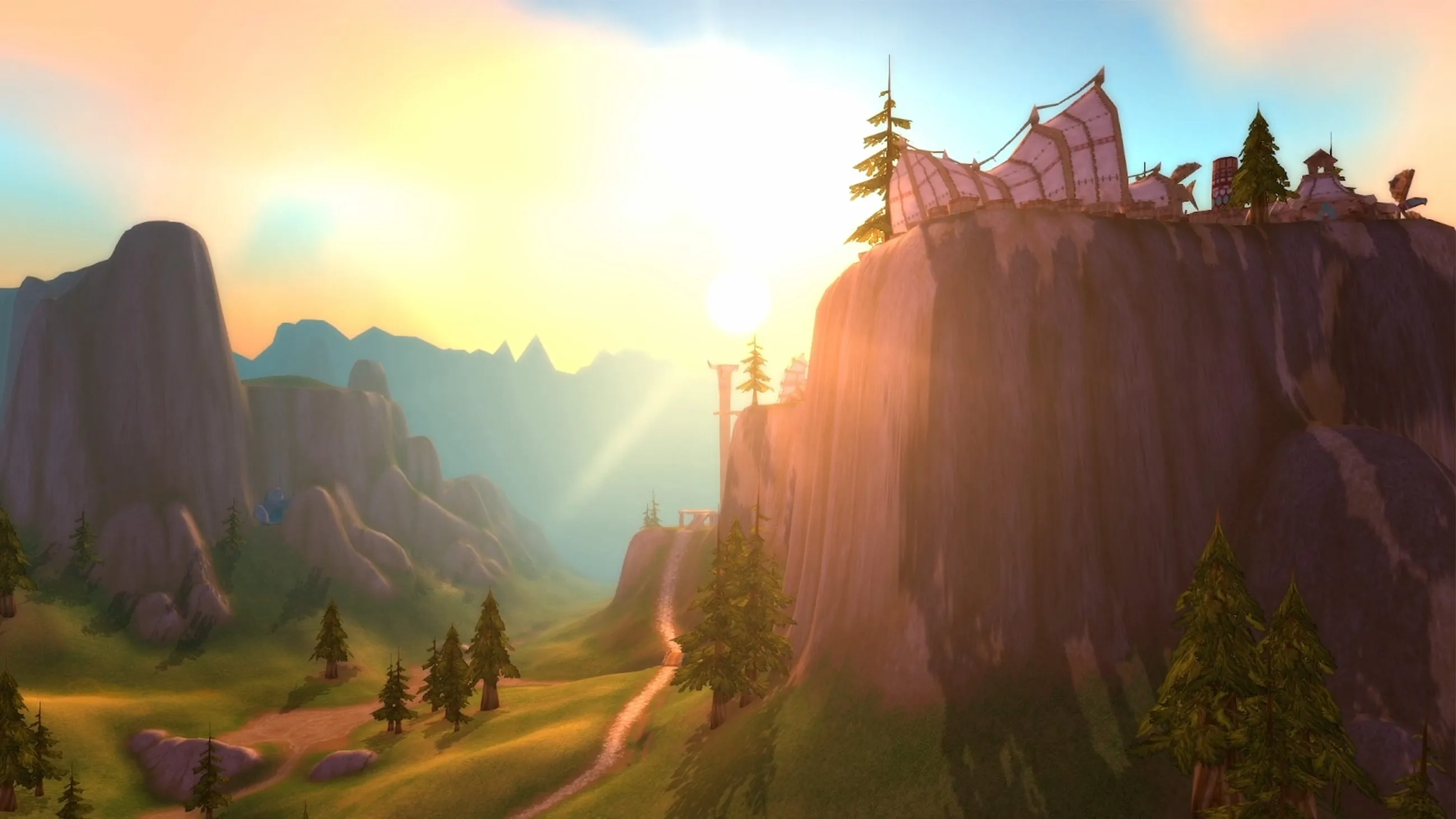Thunder Bluff on its cliffs at sunrise above the plains of Mulgore, an official screenshot of World of Warcraft: Forever