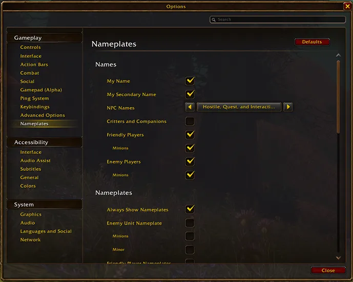 The Nameplates options in the game, with the checkbox My Secondary Name at the top
