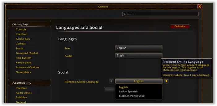 Die Optionen Languages and Social im Spiel, mit der geöffneten Einstellung Preferred Online Language
