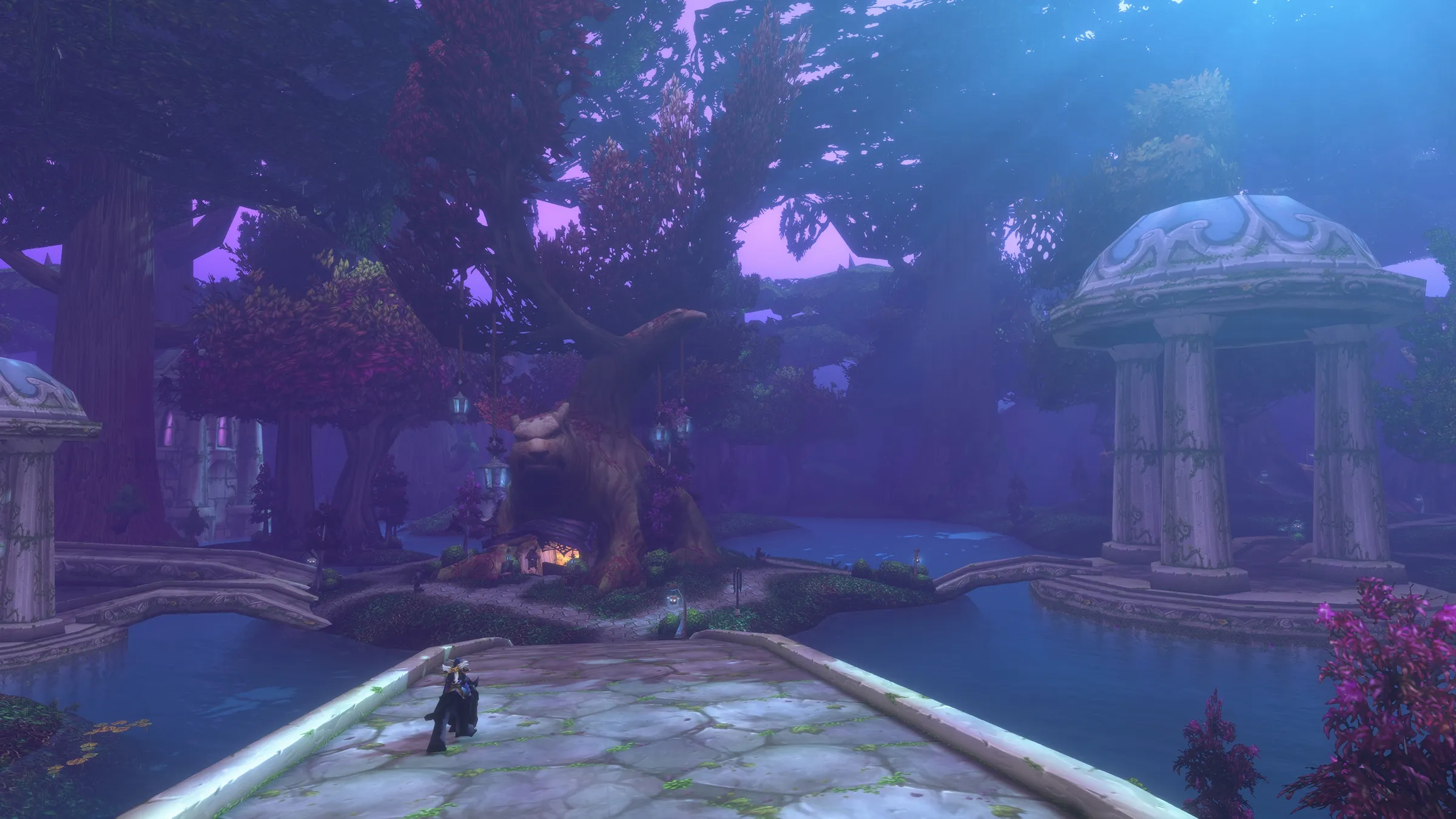 A rider on a bridge before a great tree in a violet grove at dusk, an official screenshot of World of Warcraft: Forever