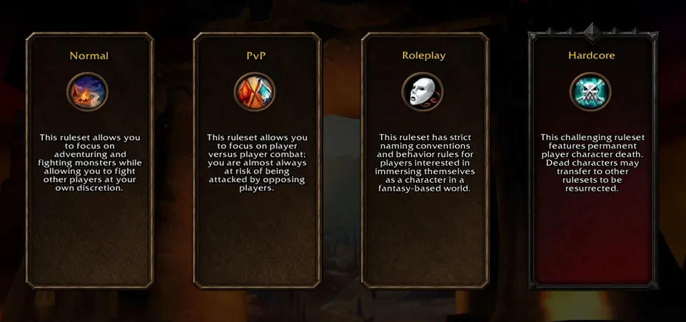 Die vier Ruleset-Karten im Spiel: Normal, PvP, Roleplay und Hardcore, jede mit einer kurzen Beschreibung