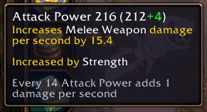 The tooltip of Attack Power in the beta: 216, which raises melee weapon damage per second by 15.4