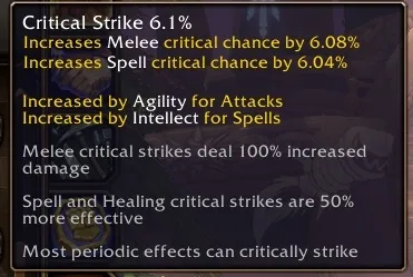 The tooltip of Critical Strike in the beta, with the melee and spell chances and what a critical strike does