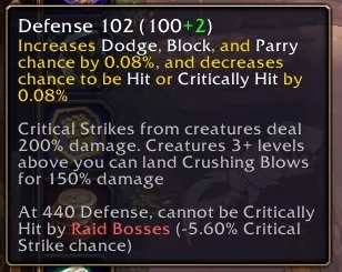 The tooltip of Defense in the beta, with crushing blows and the Defense needed against raid bosses