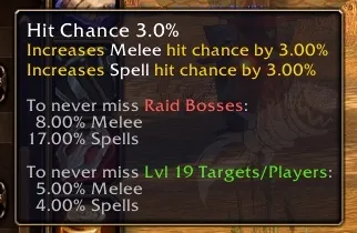The tooltip of Hit Chance in the beta, with the amounts needed to never miss a raid boss or a level 19 target