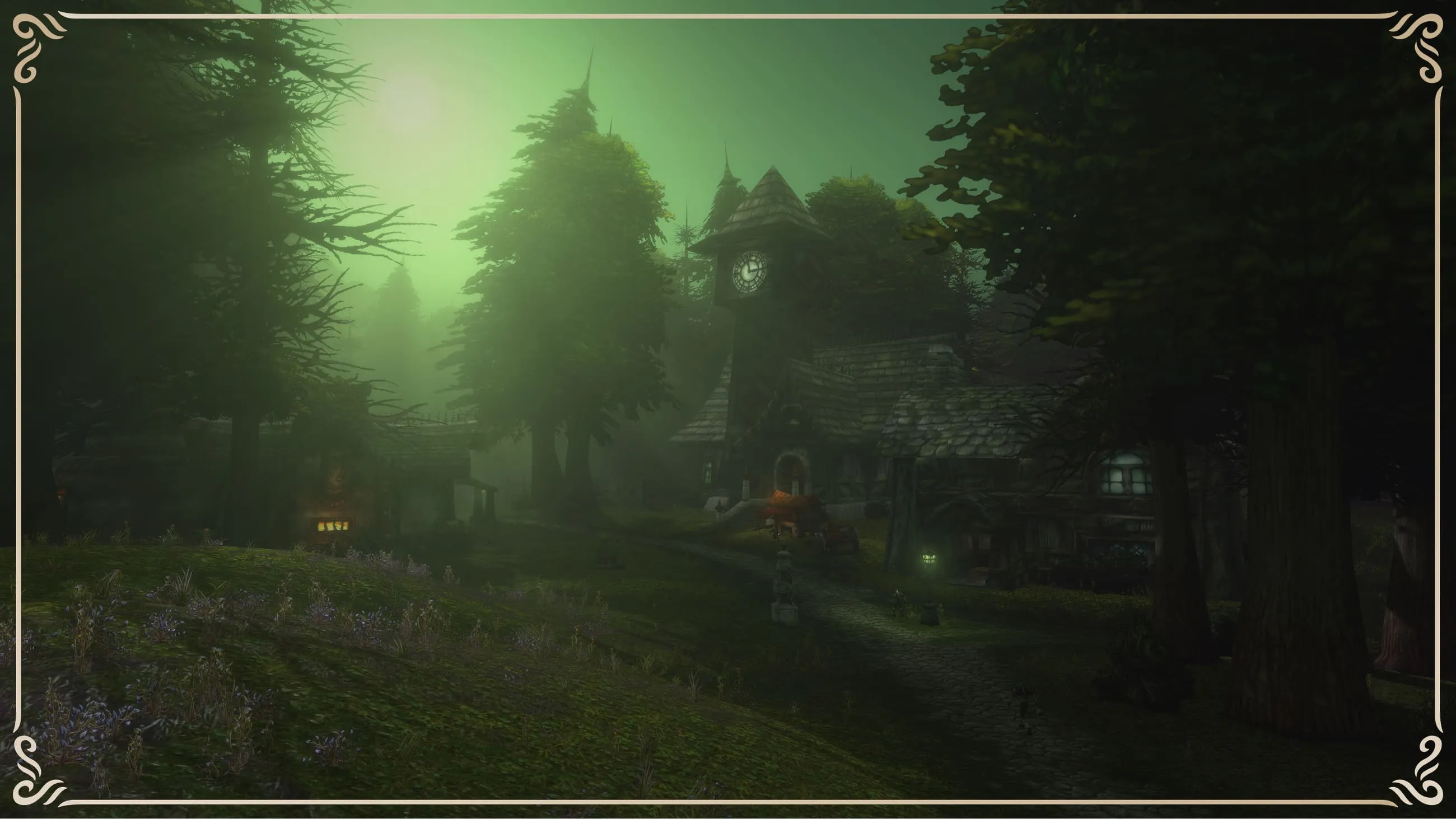 A village with a clock tower in green mist between tall trees, an official screenshot of World of Warcraft: Forever