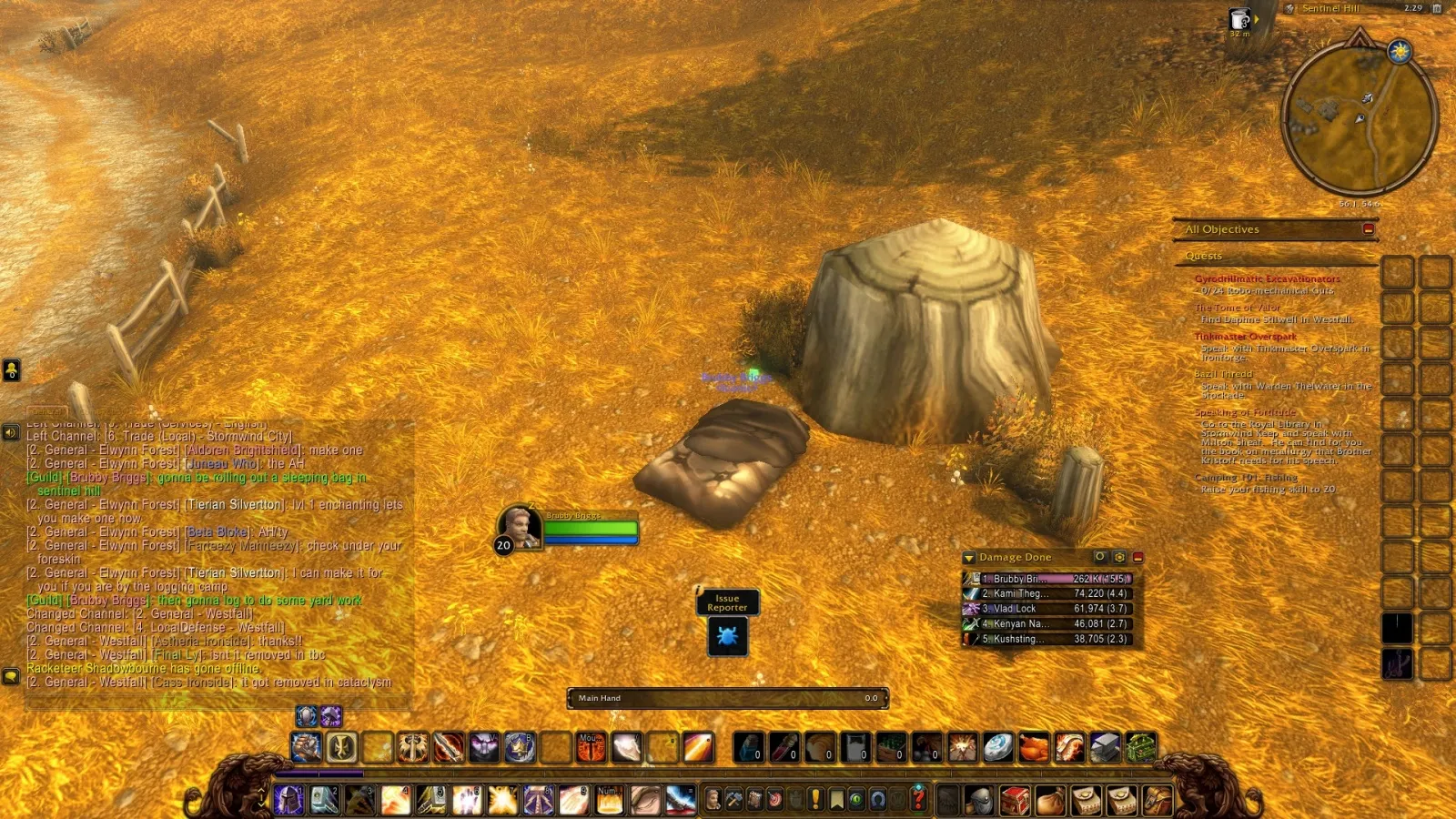 A player lying in the Cozy Sleeping Bag beside a tree stump in Westfall, in the beta of World of Warcraft: Forever
