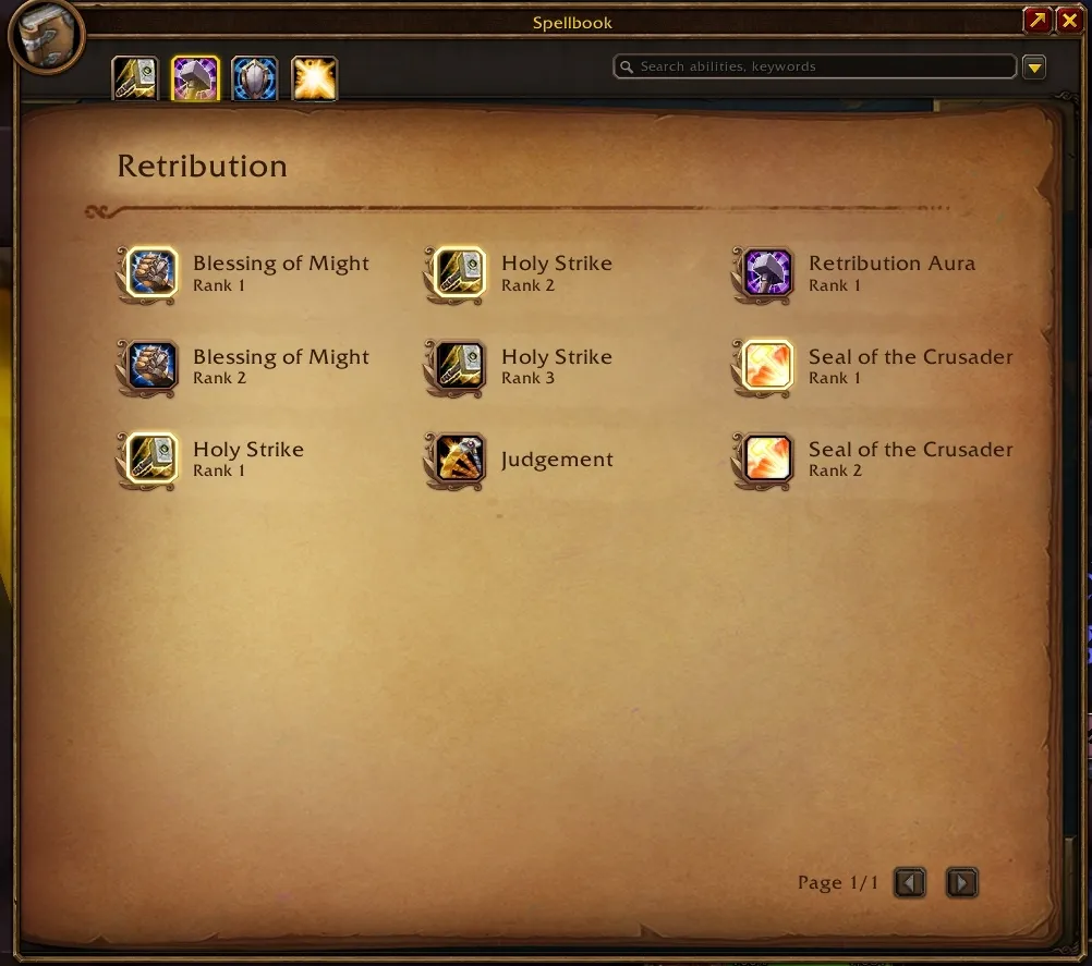 The Retribution page of the spellbook with Blessing of Might and Holy Strike at several ranks, in the beta of World of Warcraft: Forever