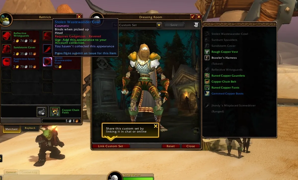 The Stolen Wastewander Cowl on a Gadgetzan vendor next to the dressing room in the beta of World of Warcraft: Forever