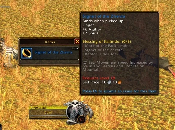 The loot window and tooltip of the Signet of the Zhevra beside the body of Swiftmane in the Barrens, in the beta of World of Warcraft: Forever