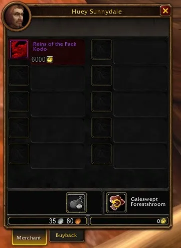 The vendor window of Huey Sunnydale with the Reins of the Pack Kodo for 6000 Merchant’s Favor, a screenshot from the beta of World of Warcraft: Forever