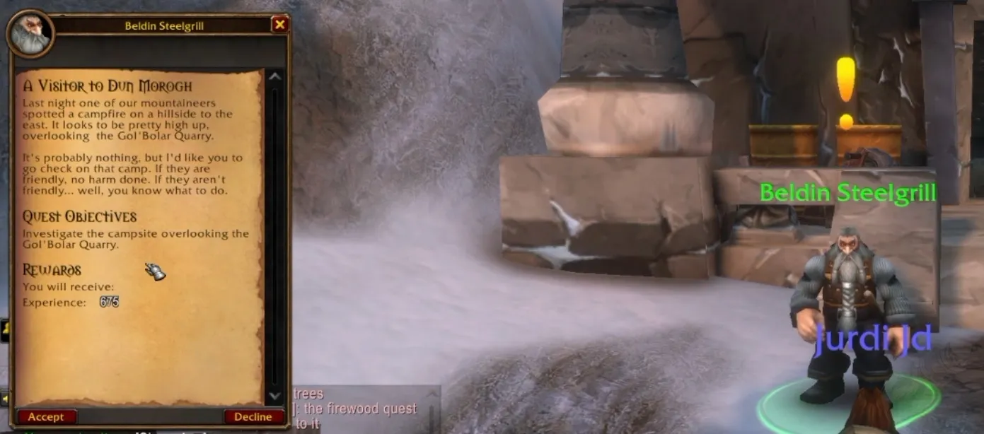 Beldin Steelgrill offers the quest A Visitor to Dun Morogh in the snow of Dun Morogh, a screenshot from the beta of World of Warcraft: Forever