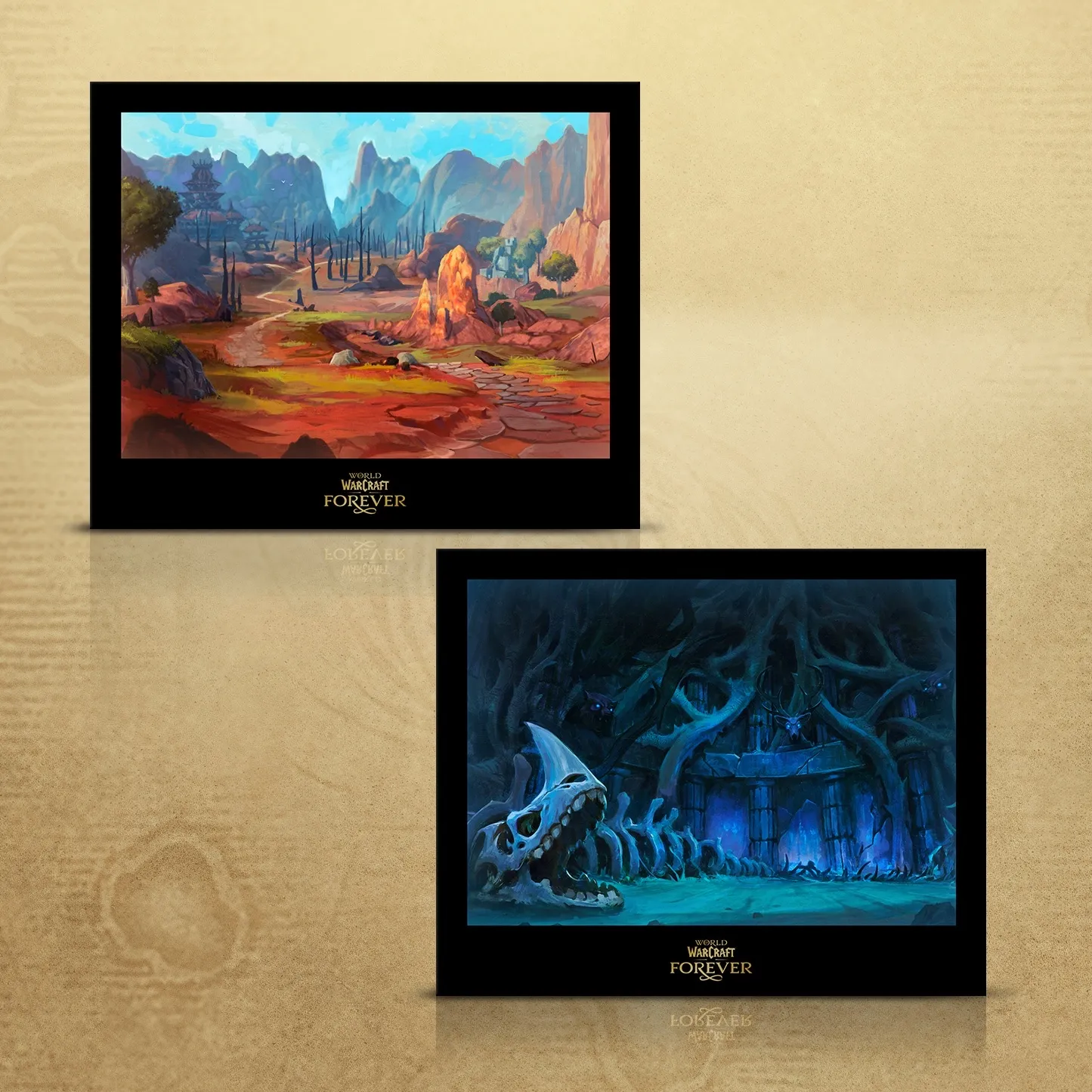 The two art prints of the Collector’s Edition, a landscape of red rock and a dark lair with a dragon skull