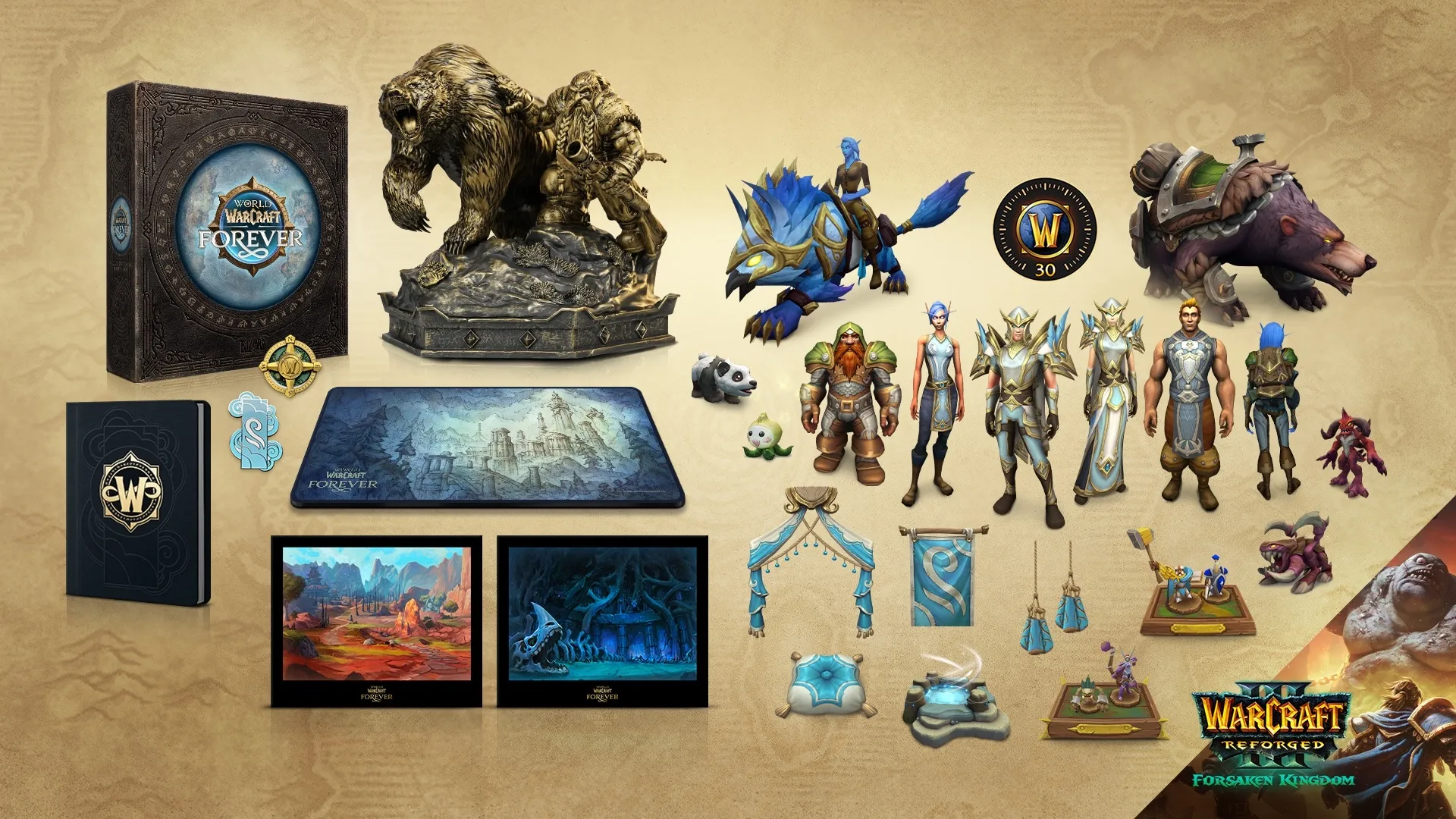 Everything in the Collector's Edition of World of Warcraft: Forever laid out: the box, the Dwarf and bear statue, the journal, the pins, the mousepad, two art prints and the digital rewards