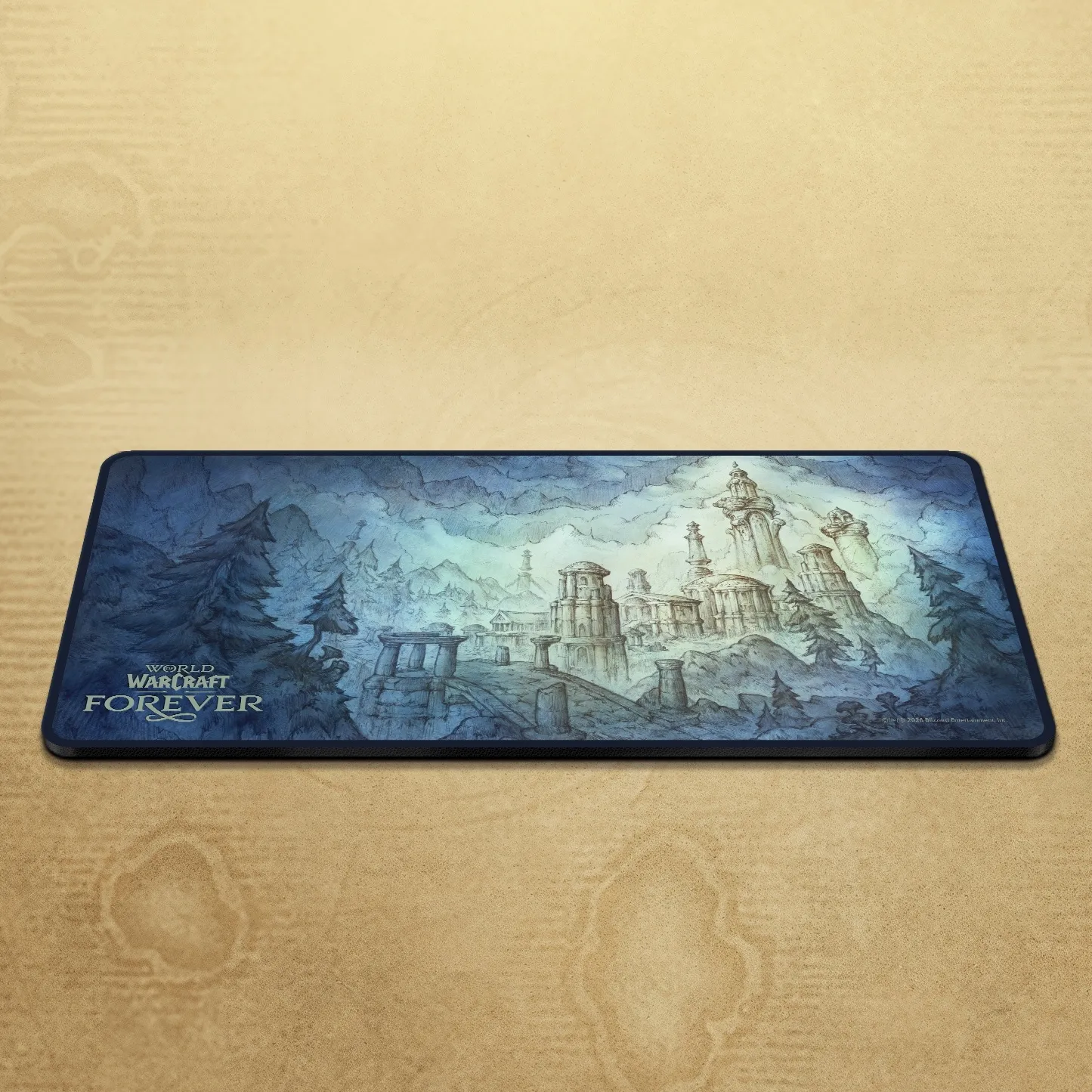 The mousepad of the Collector’s Edition, with the ruins of Zephras Isle in blue and the Forever logo