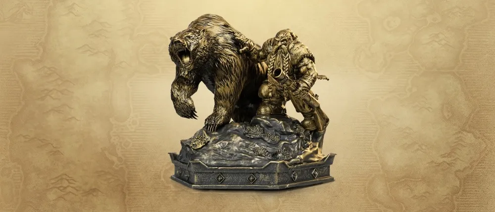 The statue of the Dwarf and his bear from the Collector’s Edition of World of Warcraft: Forever, in bronze on a stone base
