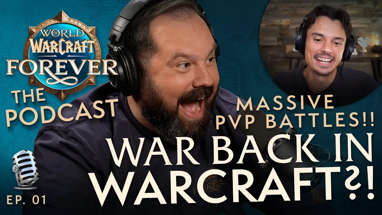 Cover of the first episode of The WoW: Forever Podcast, with the Forever logo, a laughing host with headphones and Xaryu in a circle