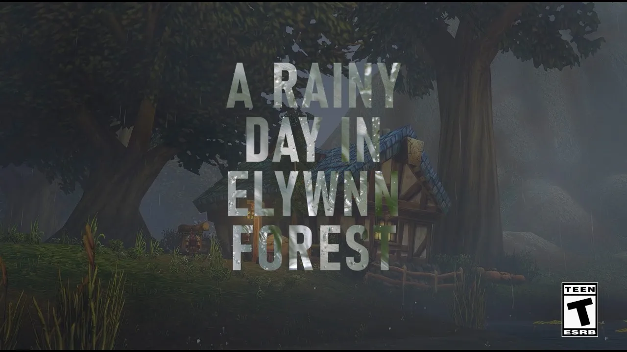 A farmhouse under large trees in heavy rain and fog, with the words A Rainy Day in Elwynn Forest