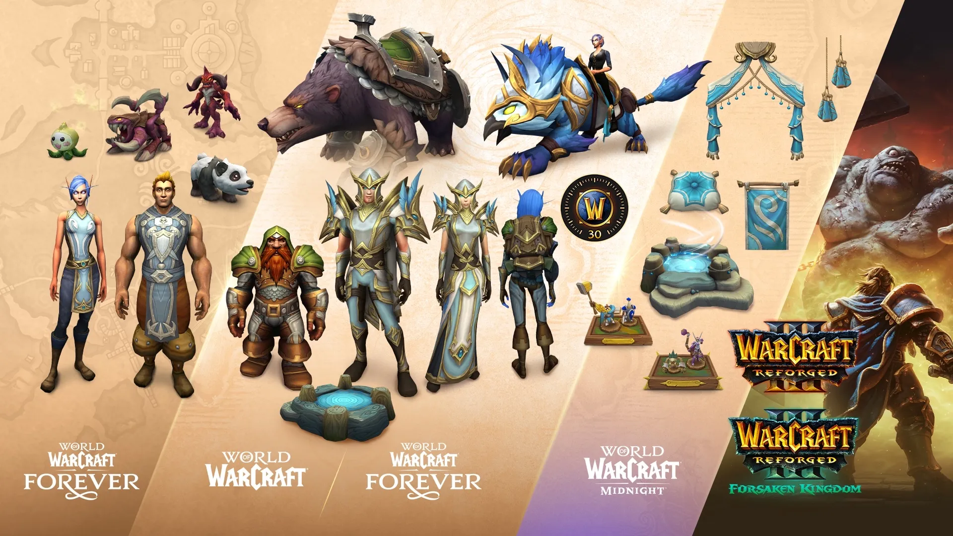 The digital rewards of the Warcraft Forever Collection: mounts, transmog sets, pets, housing decor and the two Warcraft III games