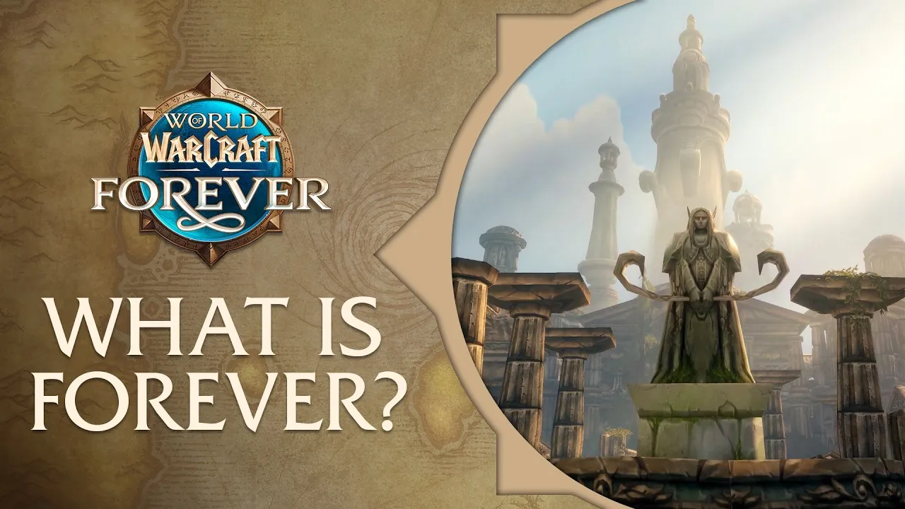 The World of Warcraft: Forever logo with the words What is Forever, next to an elven statue in front of white towers