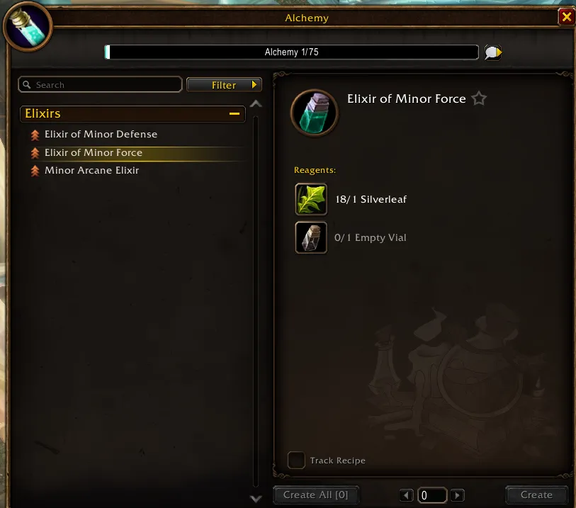 The Alchemy window with Elixir of Minor Force selected and the Track Recipe checkbox at the bottom