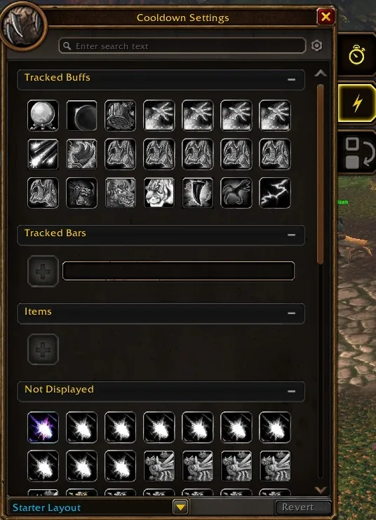 La seconda scheda di Cooldown Settings, con Tracked Buffs, Tracked Bars, Items e Not Displayed
