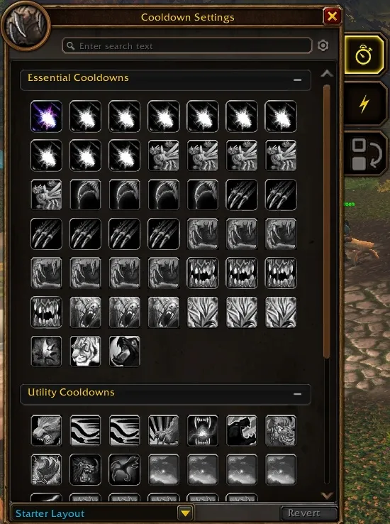 La finestra Cooldown Settings di un Druid, aperta su Essential Cooldowns e Utility Cooldowns