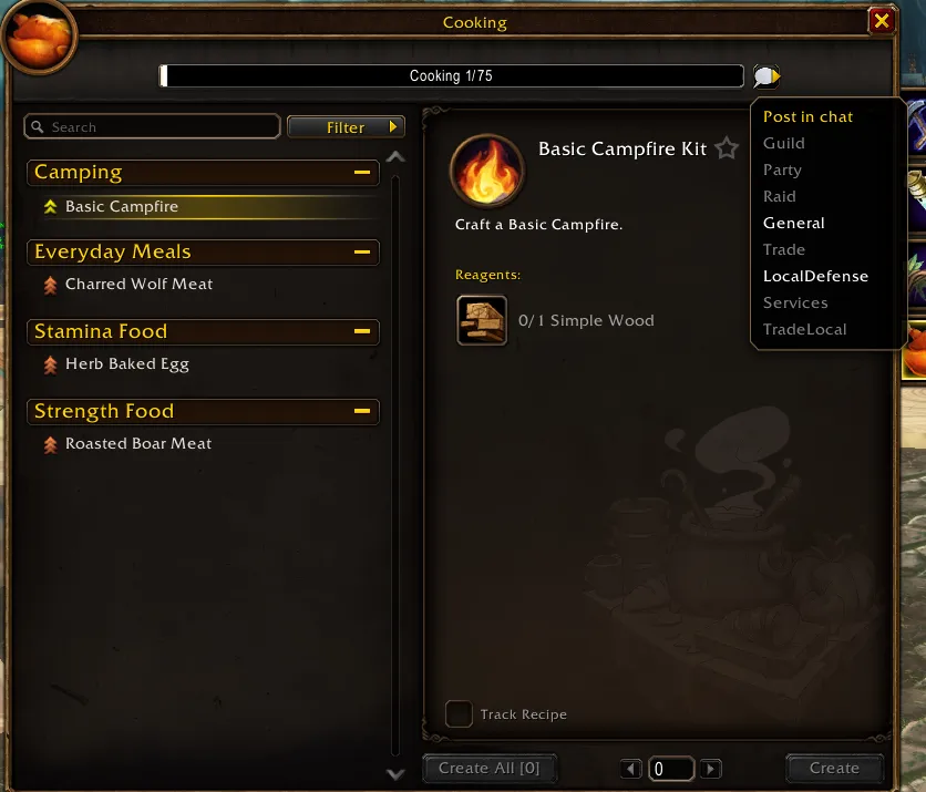 The Cooking window with the Post in chat menu open next to the skill bar