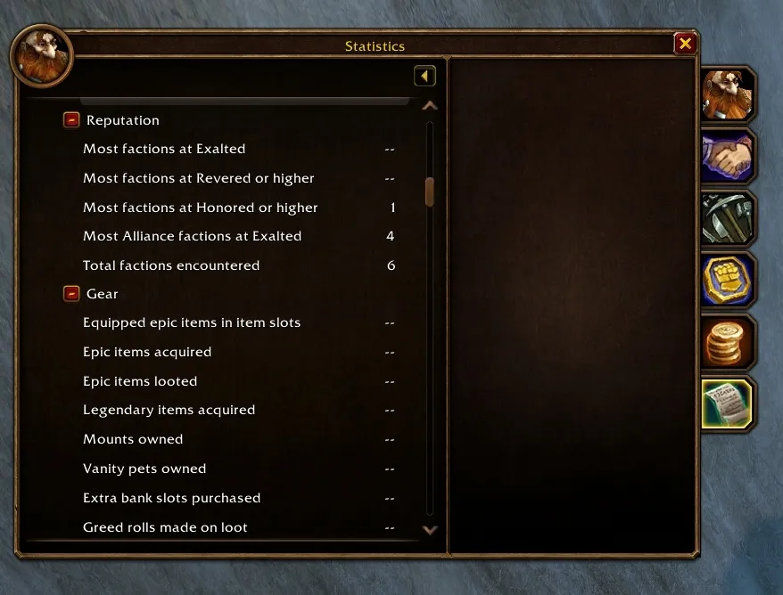 The Statistics pane in the character window of the WoW Forever beta, open on the categories Reputation and Gear