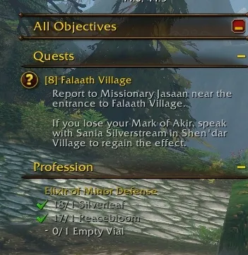 The objective tracker with a quest and, under Profession, Elixir of Minor Defense with its three reagents