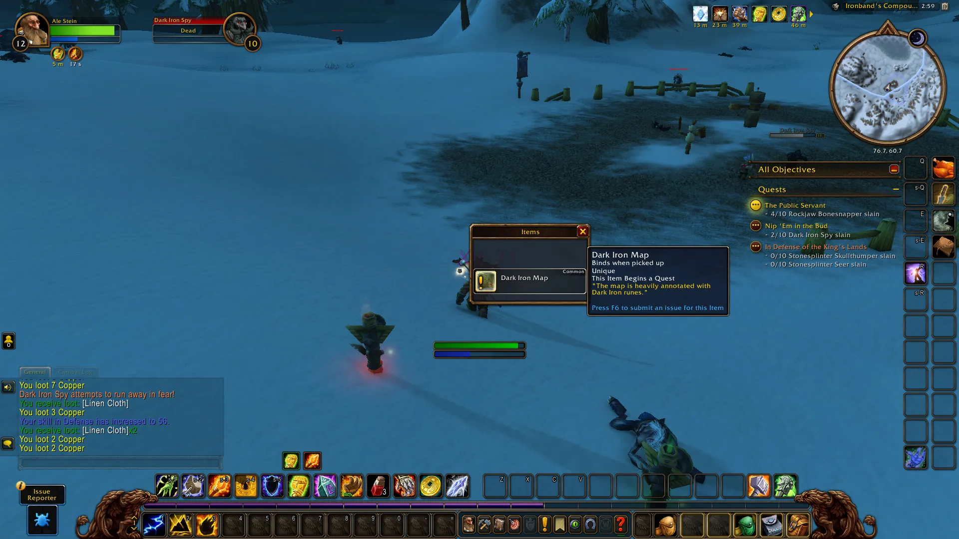 The loot window of a Dark Iron Spy with the Dark Iron Map and its tooltip, This Item Begins a Quest