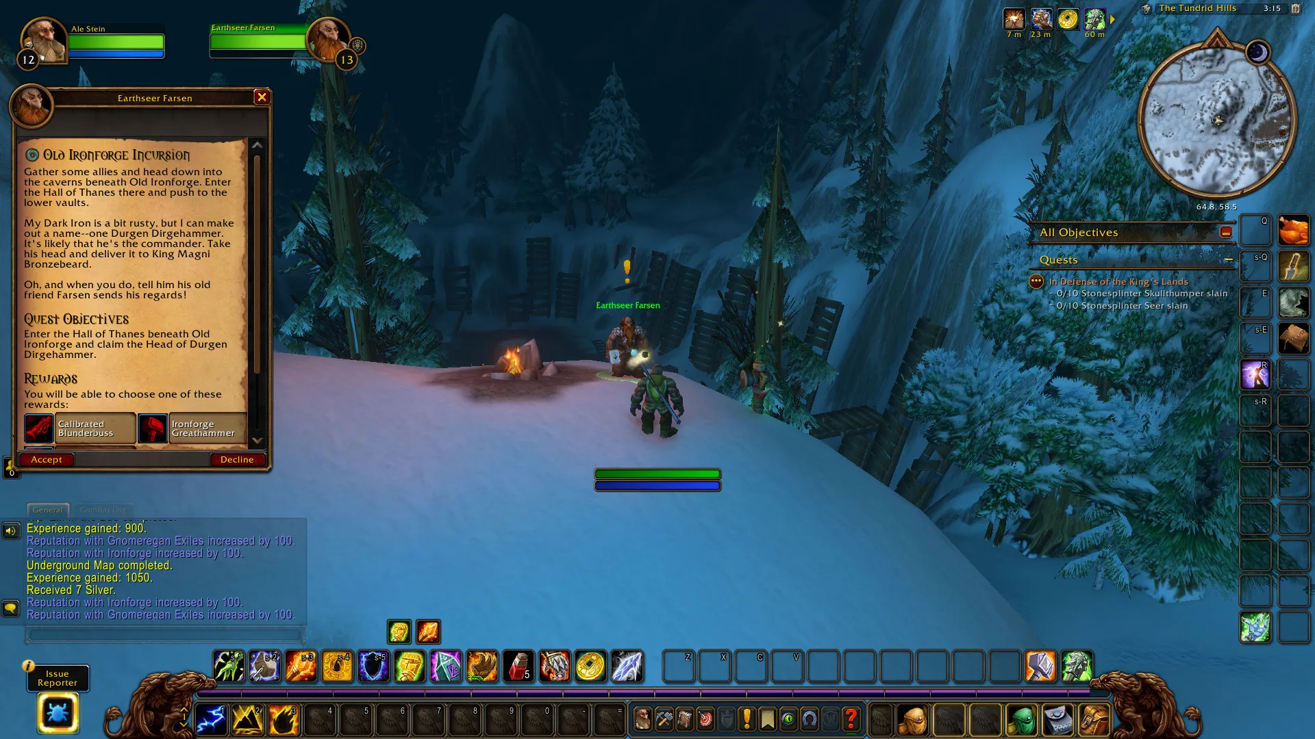 Earthseer Farsen in the snow of Dun Morogh, with the quest window of Old Ironforge Incursion open