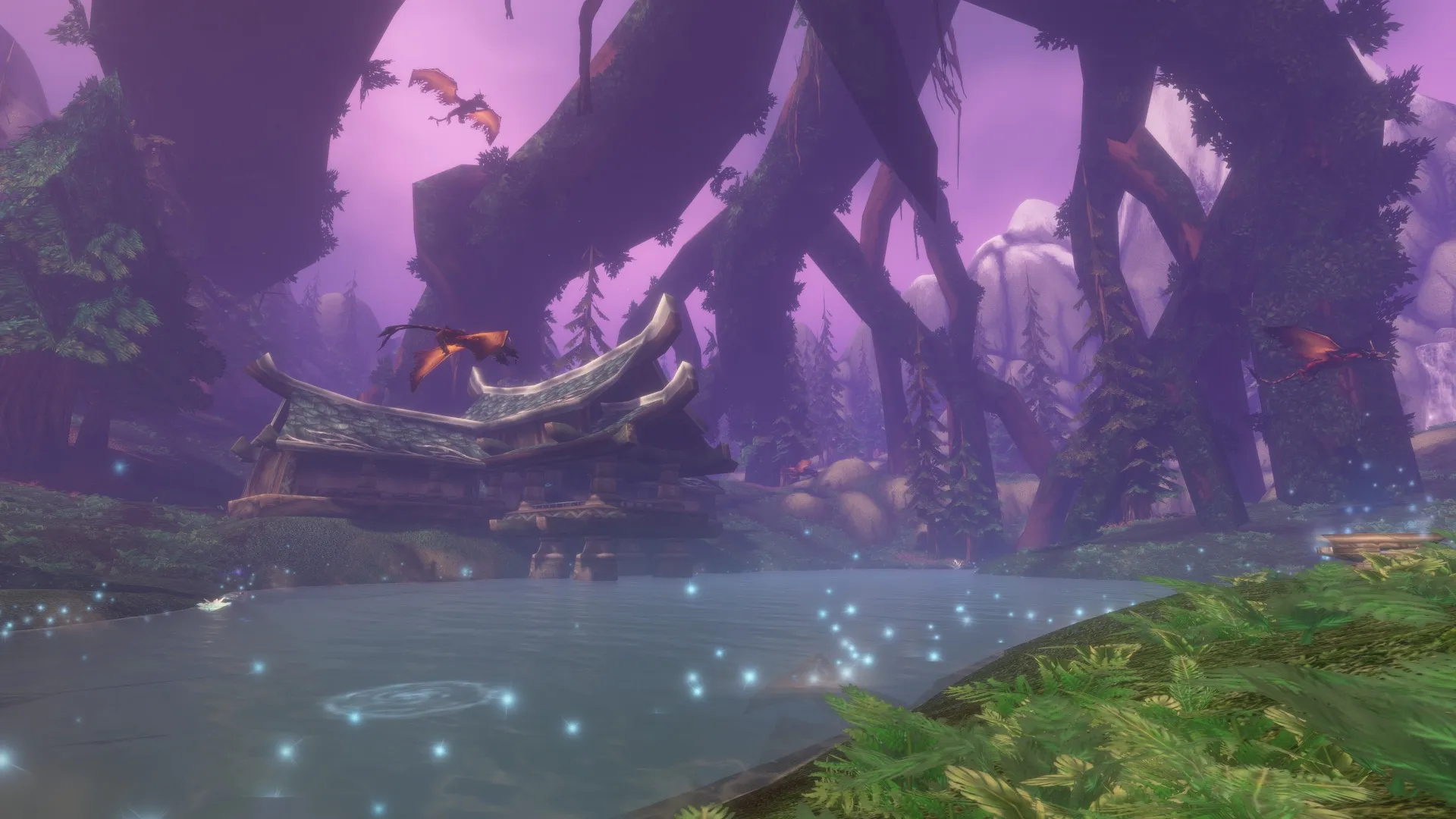 A lake with drifting lights and a Night Elf building under giant trees and a purple sky, a screenshot from the game
