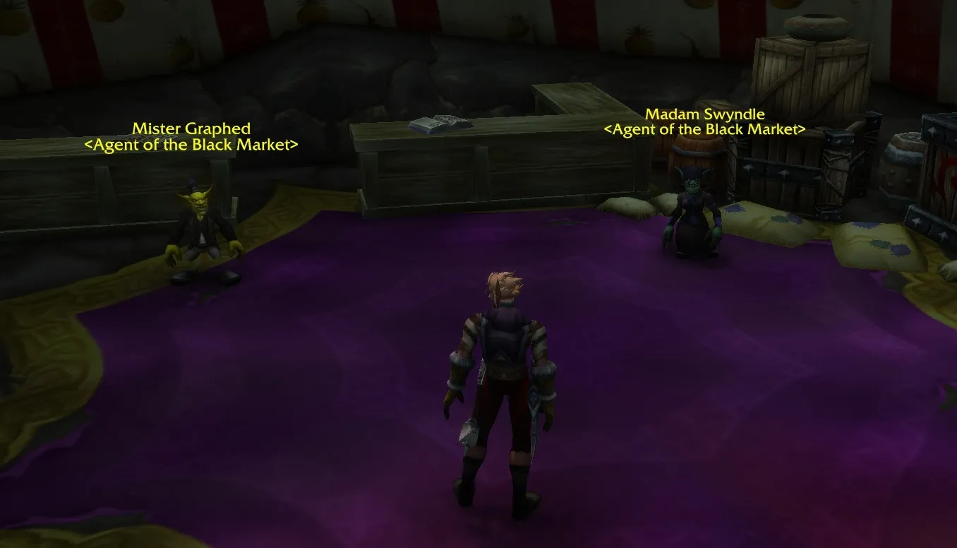 Mister Graphed and Madam Swyndle, two goblins with the title Agent of the Black Market, on a purple carpet in a tent, with a Blood Elf in front of them, a screenshot from the game