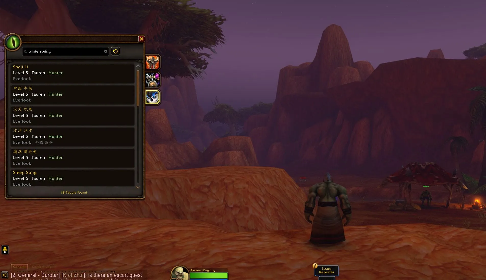 The Who window searching for Winterspring, with 18 players found, all level 5 and 6 Tauren Hunters in Everlook, a screenshot from the game