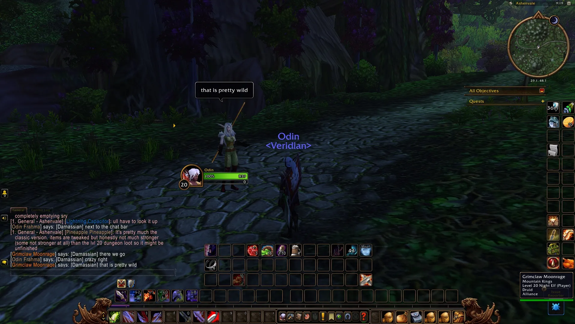 Two level 20 elves on a road in Ashenvale, with the chat showing lines in Darnassian from both players and a tooltip of Grimclaw Moonrage, Night Elf Druid, Alliance, a screenshot from the beta of World of Warcraft: Forever