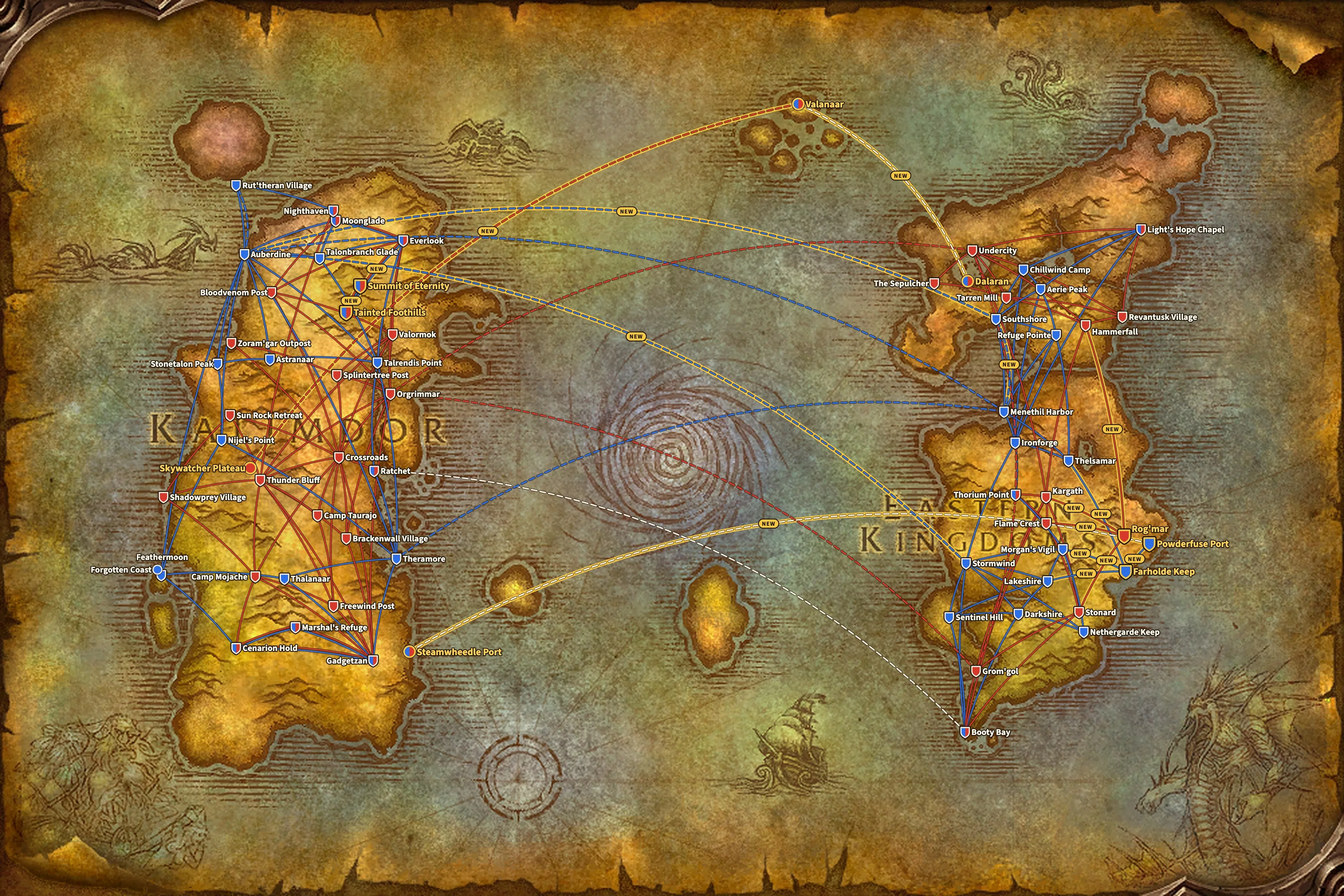 Every flight route of WoW Forever on the world map of the game, with Kalimdor on the left and the Eastern Kingdoms on the right, Alliance in blue, Horde in red, boats and zeppelins dashed and the new routes with a gold border and the word NEW